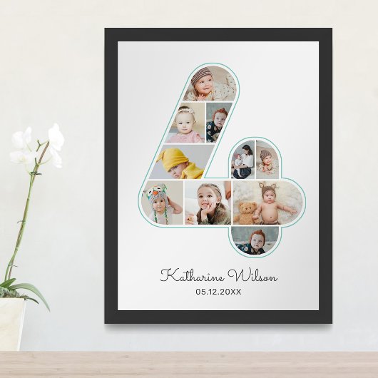 Poster 4e anniversaire Numéro 4 Collage photo Enfants Nur