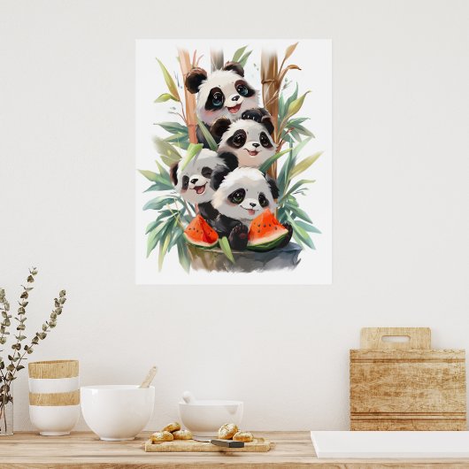 Poster 4pandas et une pastèque (Cuisine)