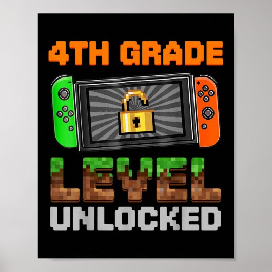 Poster 4th Grade Level Unlocked Pixel Game First Day Boy  (Devant)