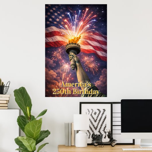 Poster 4th of July Liberty Torch Fireworks USA 250th (Bureau à domicile)