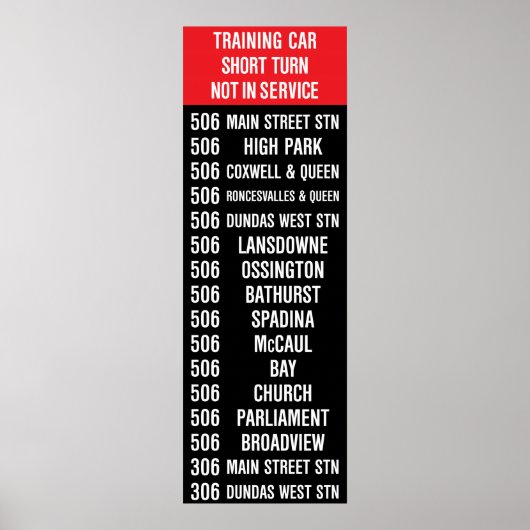 Poster 506 CARLTON Réplica TTC Streetcar Rollsign (Devant)
