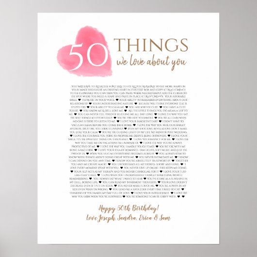 Poster 50 choses que nous aimons à propos de vous aquarel (Devant)