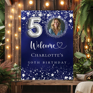 Poster 50e anniversaire bleu argent étoiles photo bienven
