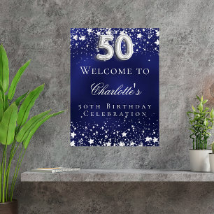 Poster 50e anniversaire bleu argent stars bienvenue