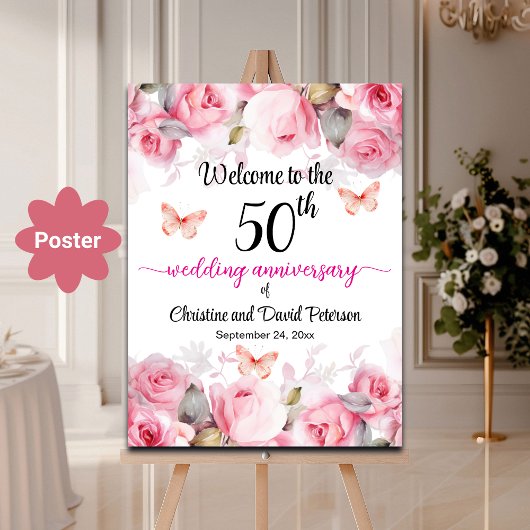 Poster 50e anniversaire de Mariage d'or Blush Roses Bienv