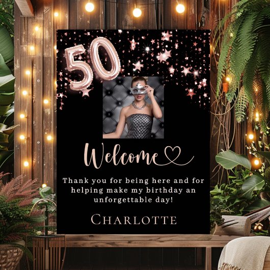 Poster 50e anniversaire noir rose or photo étoiles bienve