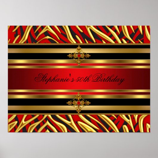 Poster 50e fête d'anniversaire Red Zebra Gold Black (Devant)