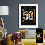 Poster 50e photo Mariage d'or Collage photo personnalisé<br><div class="desc">Cadeau personnalisé pour le 50e anniversaire de Mariage d'or pour les parents. Cette affiche en noir et or présente un collage photo en forme de 50 avec un cadre élégant de style art déco et une typographie de script ornée. Le modèle est configuré pour vous permettre d'ajouter vos noms, texte...</div>