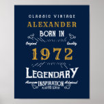 Poster 50th Birthday 1972 Ajouter Nom Legendary Blue Gold<br><div class="desc">Anniversaire personnalisé ajoutez votre nom affiche d'anniversaire. Modifiez le nom et l'année avec le modèle fourni. Plus de cadeaux et de fournitures de fête disponibles avec le design "légendaire" dans le magasin.</div>