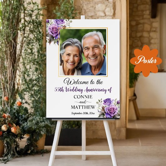 Poster 55e anniversaire Mariage Gold Frame Roses violets
