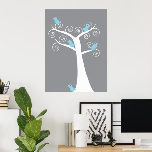 Poster 5 oiseaux bleus dans un arbre (Arrière - plan gris (Bureau à domicile)