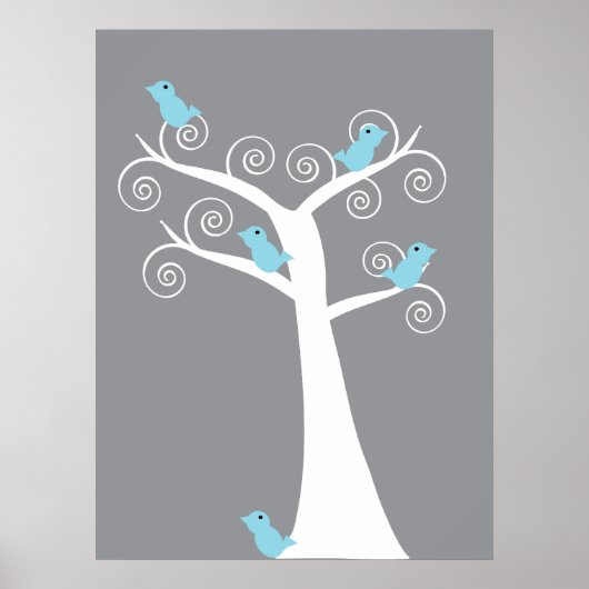 Poster 5 Oiseaux Bleus dans un Arbre (Fond Gris) Impressi (Devant)