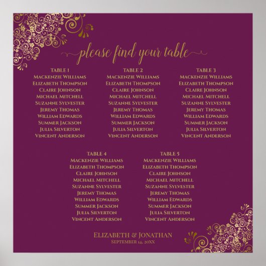 Poster 5 Table Magenta Plum & Or Plan de Table de Mariage (Devant)