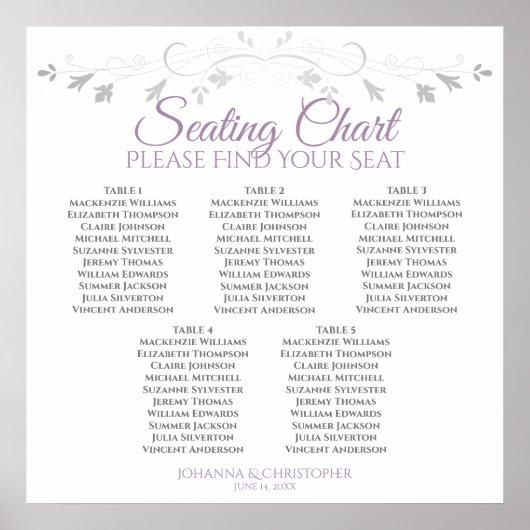 Poster 5 Table Mariage Schéma de Placement Violet & Gris (Devant)