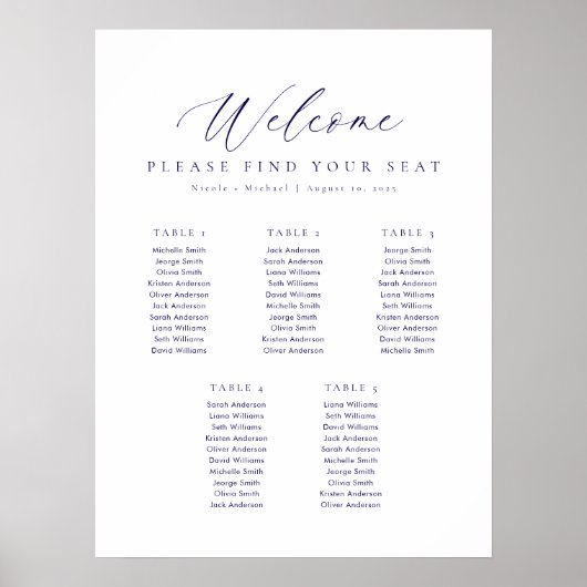 Poster 5 Tables Bleu foncé Welcome Chart (Devant)