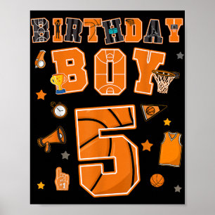Poster 5e anniversaire Boy 5 ans Basketball Party Cinq an