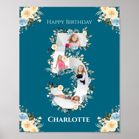 Poster 5e anniversaire Photo Collage Turquoise bleu jaune (Devant)