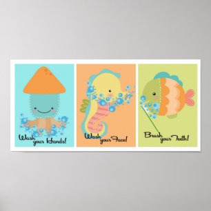 Poster 5x7 Ocean Poisson calmar Mer Cheval Salle de bain 