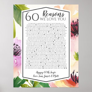 Poster 60 raisons pourquoi nous vous aimons aquarelle ros