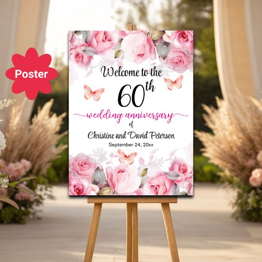 Poster 60e anniversaire de Mariage Blush Roses Bienvenue