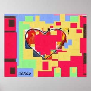 Poster 60s Peter Max style Collage de coeur Peinture Post