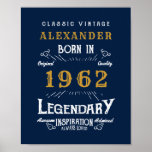 Poster 60th Birthday 1962 Ajouter Nom Legendary Blue Gold<br><div class="desc">Anniversaire personnalisé ajoutez votre nom affiche d'anniversaire. Modifiez le nom et l'année avec le modèle fourni. Plus de cadeaux et de fournitures de fête disponibles avec le design "légendaire" dans le magasin.</div>