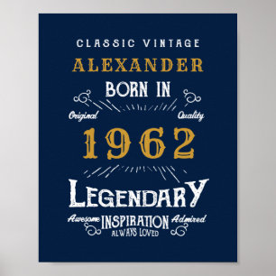 Poster 60th Birthday 1962 Ajouter Nom Legendary Blue Gold