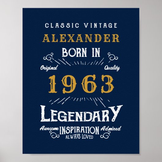 Poster 60th Birthday Born 1963 Ajouter Nom Legend Blue Go (Devant)