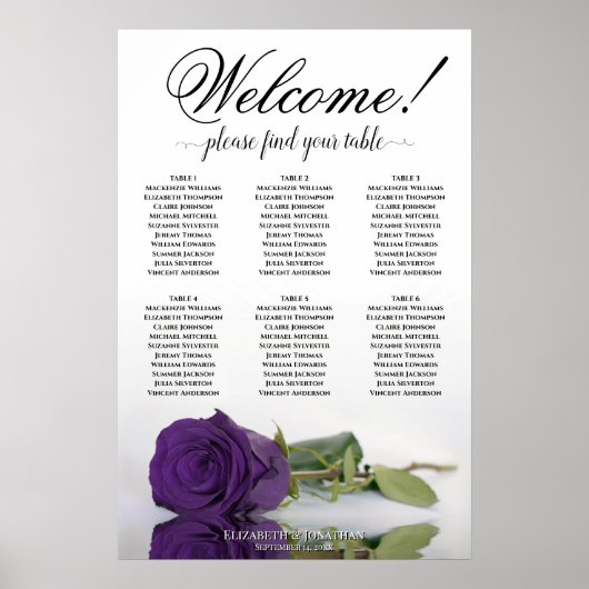 Poster 6 Table Élégant Rose Royal Violet Plan de Table (Devant)