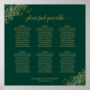 Poster 6 Table Emerald Green & Gold Wedding Seating Chart