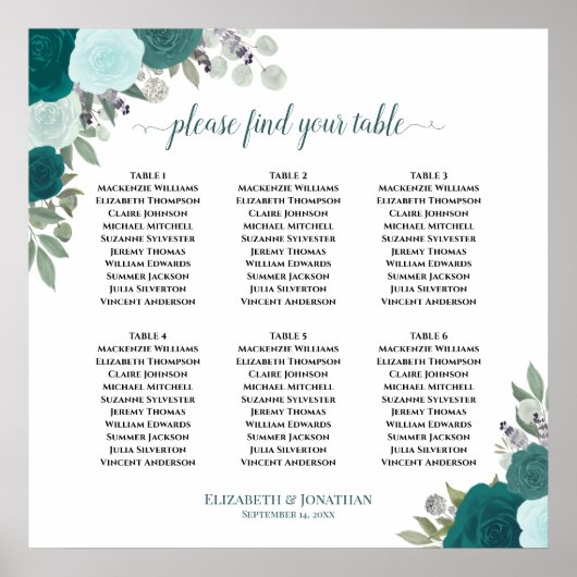 Poster 6 Tables Roses Salle de Mariage Bohème Plan de Tab (Devant)