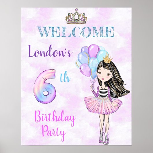Poster 6e anniversaire fille princesse Lavande Turquoise (Devant)