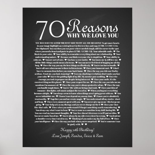 Poster 70 raisons pour lesquelles nous vous aimons cadeau (Devant)