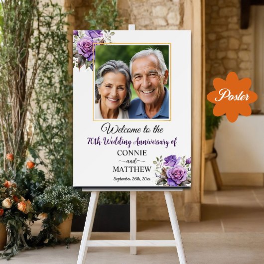 Poster 70e anniversaire Mariage Gold Frame Roses violets