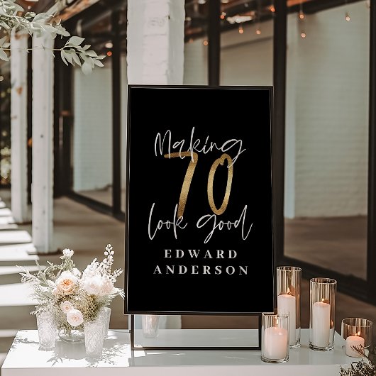 Poster 70e anniversaire moderne noir et or photo collage