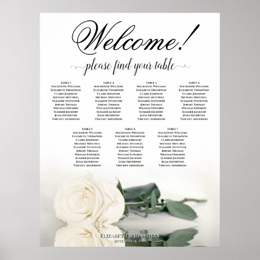 Poster 7 Table Rose blanche Élégante carte de mariage (Devant)