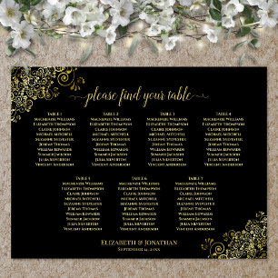 Poster 7 Table Wedding Seating Chart Gold Frills on Black