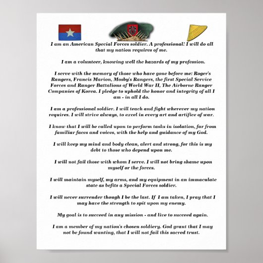 Poster 7th special forces green beret vietnam flash creed (Devant)