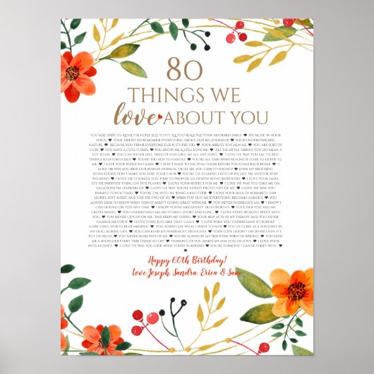 Poster 80 choses que nous aimons de vous fleurs orange (Devant)