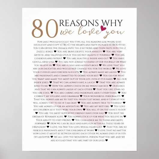 Poster 80 reasons why we love you 70th 60th 50th birthday (Devant)