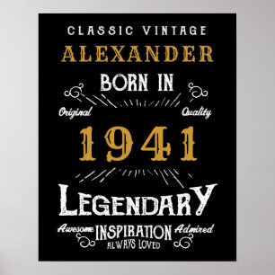 Poster 80e anniversaire personnalisé Né en 1941 Noir Vint