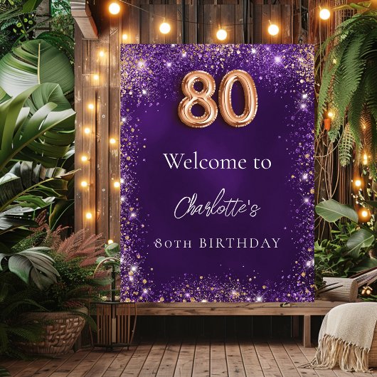 Poster 80e anniversaire violet mousseux bienvenue