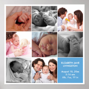 Poster 8 bébé photo moderne collage bleu blanc bordure