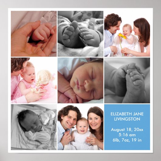 Poster 8 bébé photo moderne collage bleu blanc bordure (Devant)