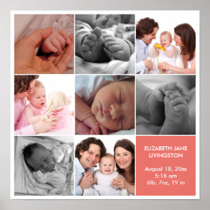 Poster 8 photo bébé collage moderne rose blanc bordure