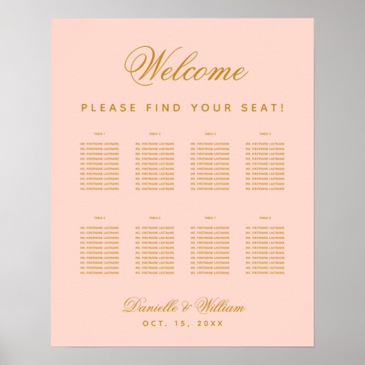 Poster 8 Tables Blush Mariage Simple Rose Sein Graphique (Devant)