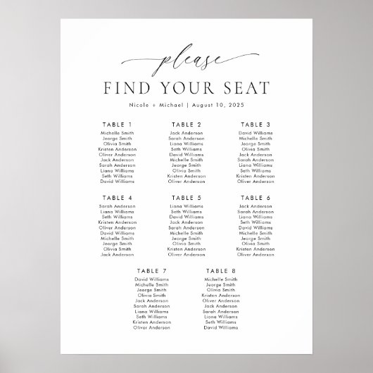 Poster 8 Tables Veuillez Trouver Votre Siège Carte (Devant)