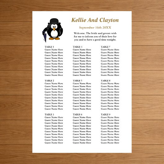 Poster 90 Drôle Penguin Greeter Mariage Seating Chart