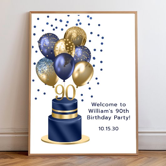 Poster 90e anniversaire Marine Blue Balloon Cake Bienvenu