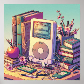 Poster 90s rétro iPod, livres, stylos et crayons